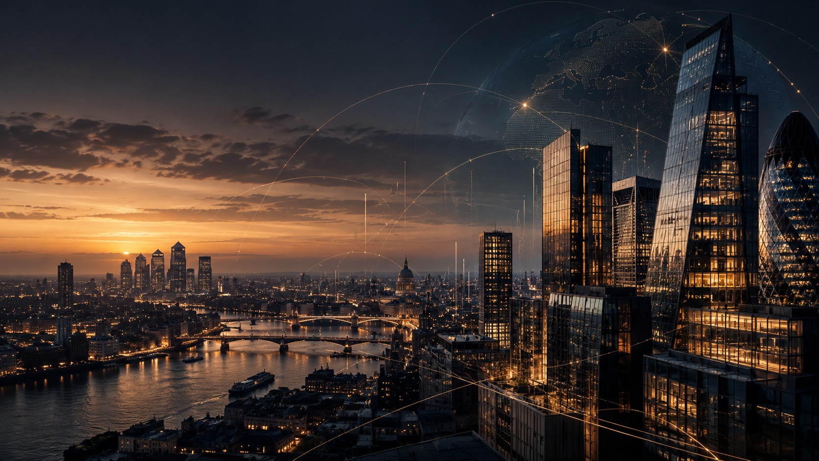 Conceptual financial district at dusk with connected global finance motifs